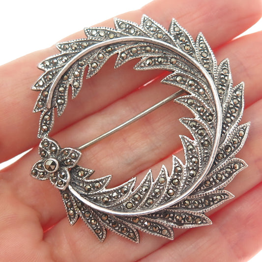 925 Sterling Silver Vintage Real Marcasite Flower & Feather Oxidized Pin Brooch