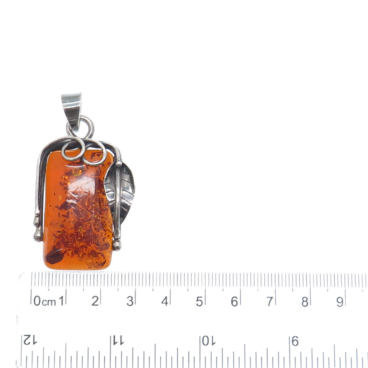 925 Sterling Silver Vintage Real Baltic Amber Leaf Modernist Oxidized Pendant