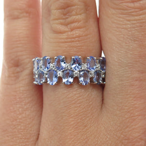 DSMK 925 Sterling Silver Oval-Cut Tanzanite & White Topaz Gem Ring Size 7.25