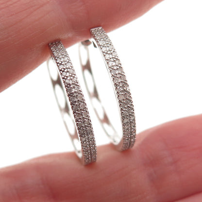 925 Sterling Silver Real Round-Cut Diamond Hoop Earrings