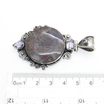 925 Sterling Silver Vintage Real Agate & Amethyst Modernist Oxidized Pendant