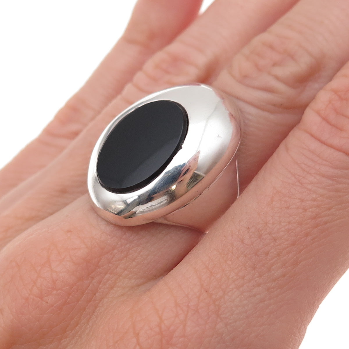 925 Sterling Silver Vintage Real Black Onyx Modernist Oxidized Ring Size 6.25