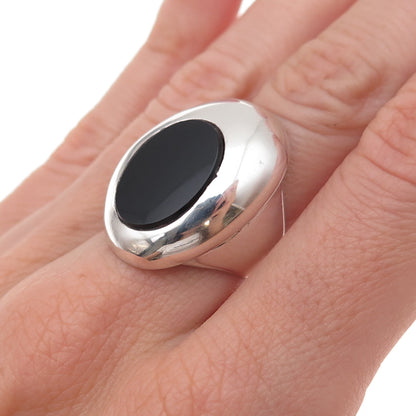 925 Sterling Silver Vintage Real Black Onyx Modernist Oxidized Ring Size 6.25