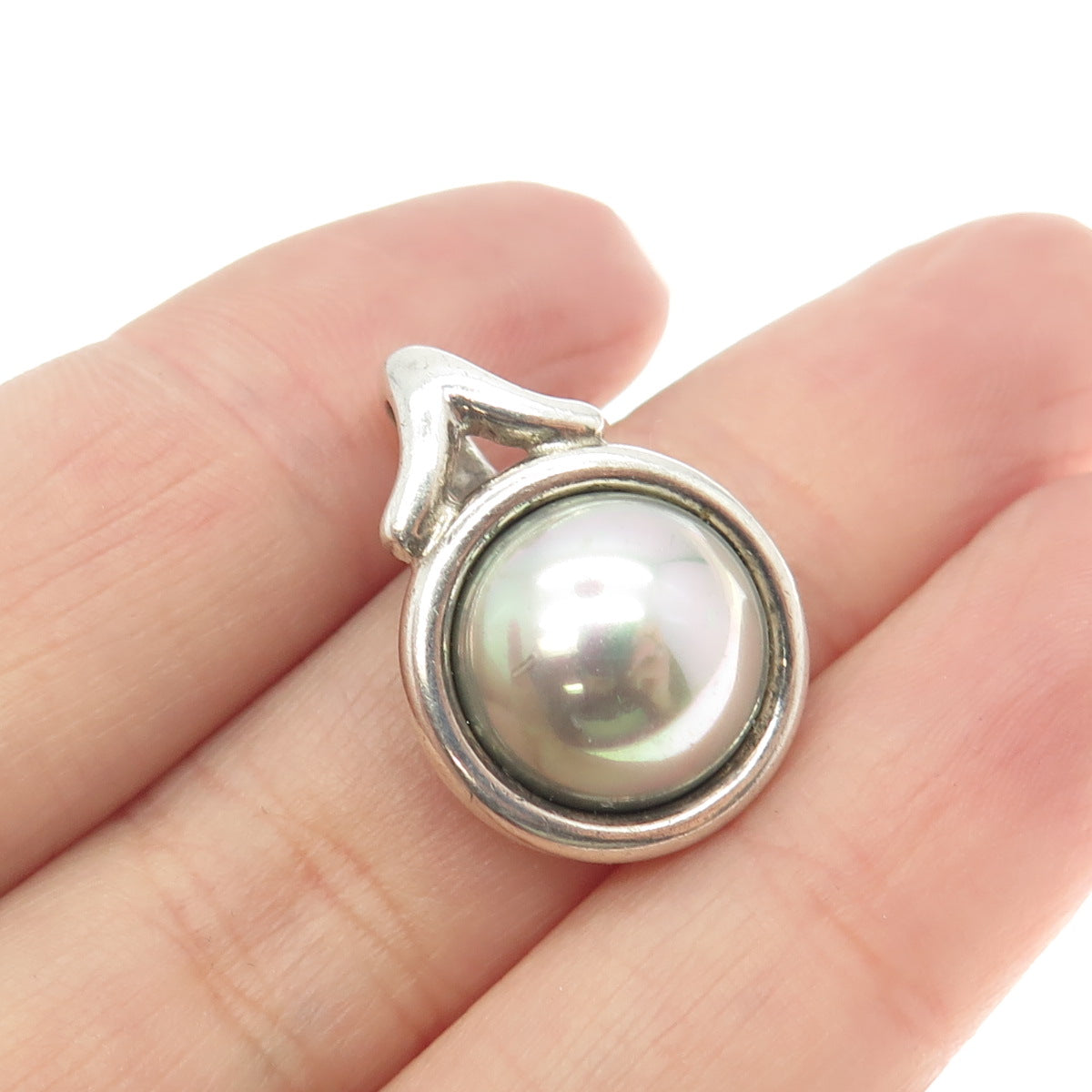 BARRA 925 Sterling Silver Vintage Faux Gray Pearl Slide Pendant