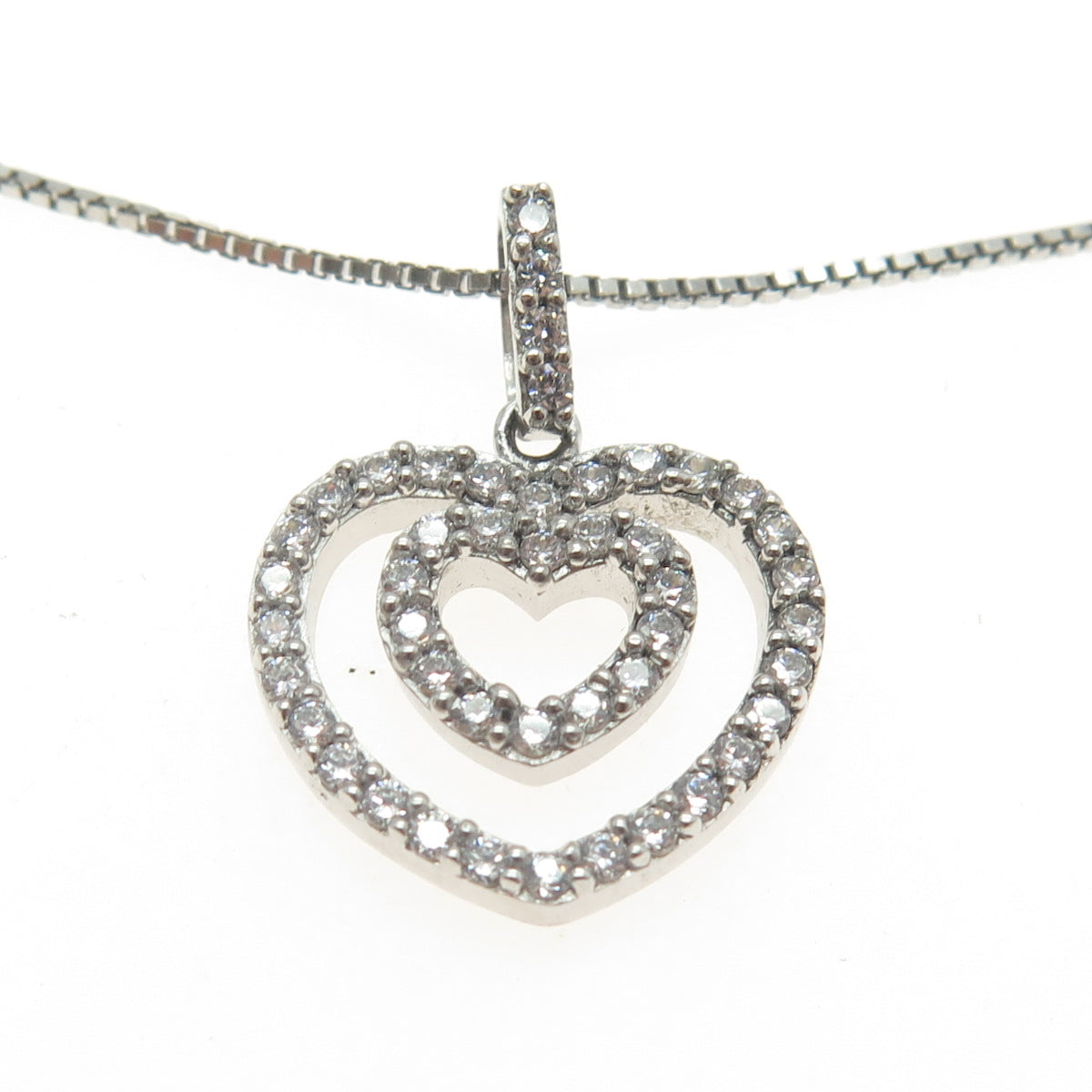 925 Sterling Silver Italy C Z Double Heart Pendant Box Chain Necklace 18"