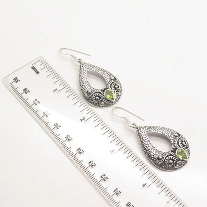 925 Sterling Silver Vintage Real Peridot Gemstone Dangling Hook Earrings