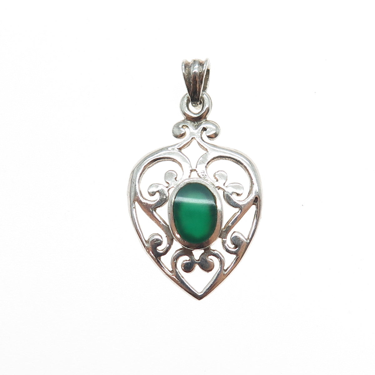 925 Sterling Silver Vintage Real Green Onyx Ornate Heart Charm Pendant