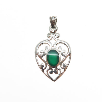 925 Sterling Silver Vintage Real Green Onyx Ornate Heart Charm Pendant