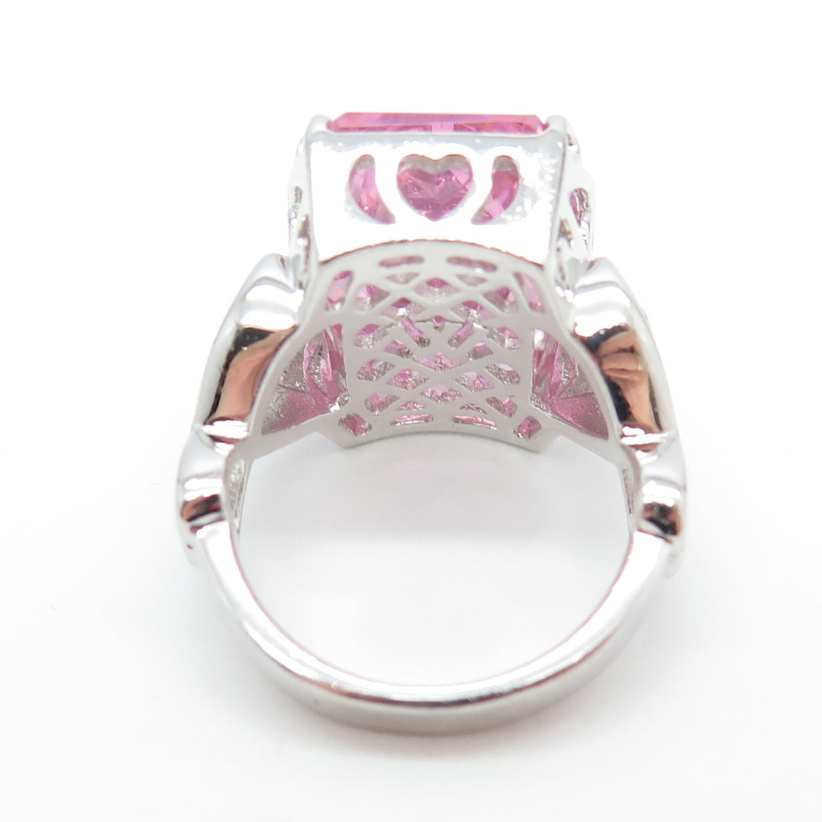 925 Sterling Silver Pink C Z Heart Ornate Statement Ring Size 7.25