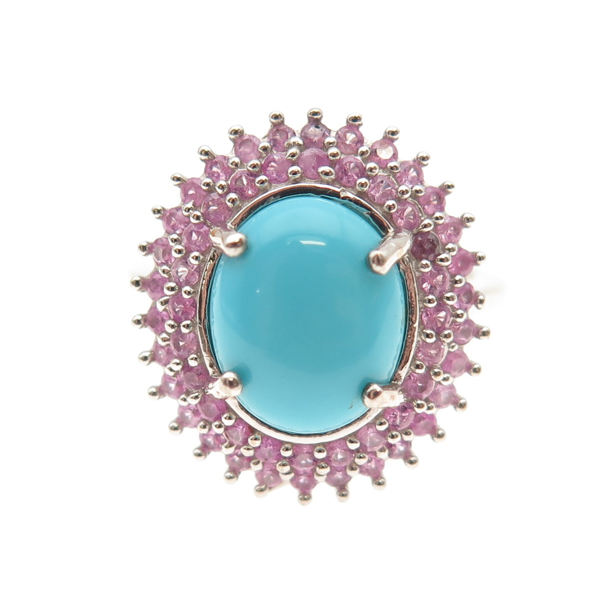D'Joy 925 Sterling Real Sleeping Beauty Turquoise & Pink Sapphire Ring Size 8