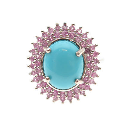 D'Joy 925 Sterling Real Sleeping Beauty Turquoise & Pink Sapphire Ring Size 8