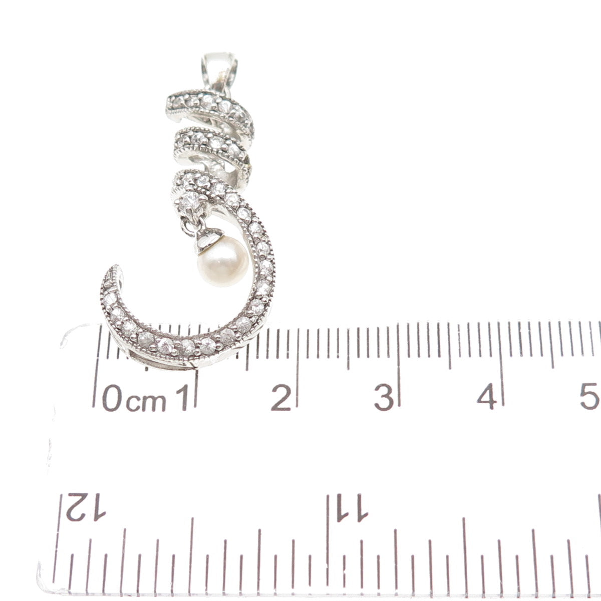 925 Sterling Silver Real Pearl & C Z Twisted Hook Charm Pendant