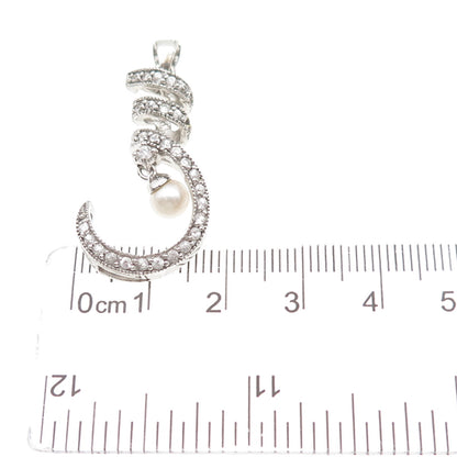 925 Sterling Silver Real Pearl & C Z Twisted Hook Charm Pendant