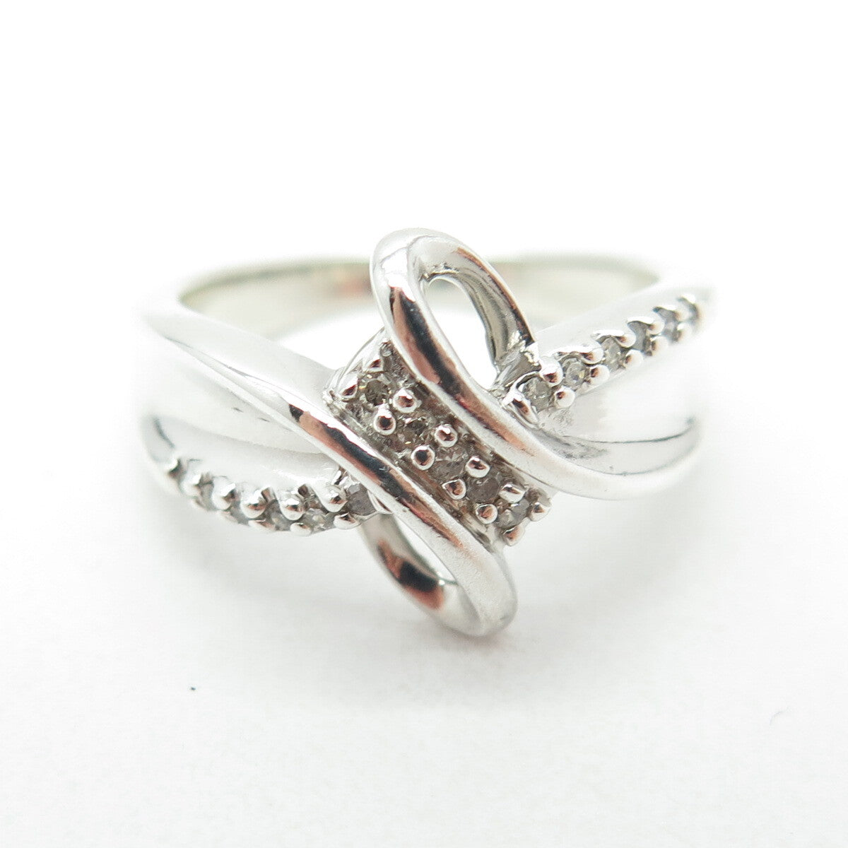 SUN 925 Sterling Silver Real Round-Cut Diamond Bypass Ring Size 5.75