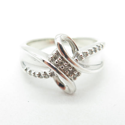 SUN 925 Sterling Silver Real Round-Cut Diamond Bypass Ring Size 5.75