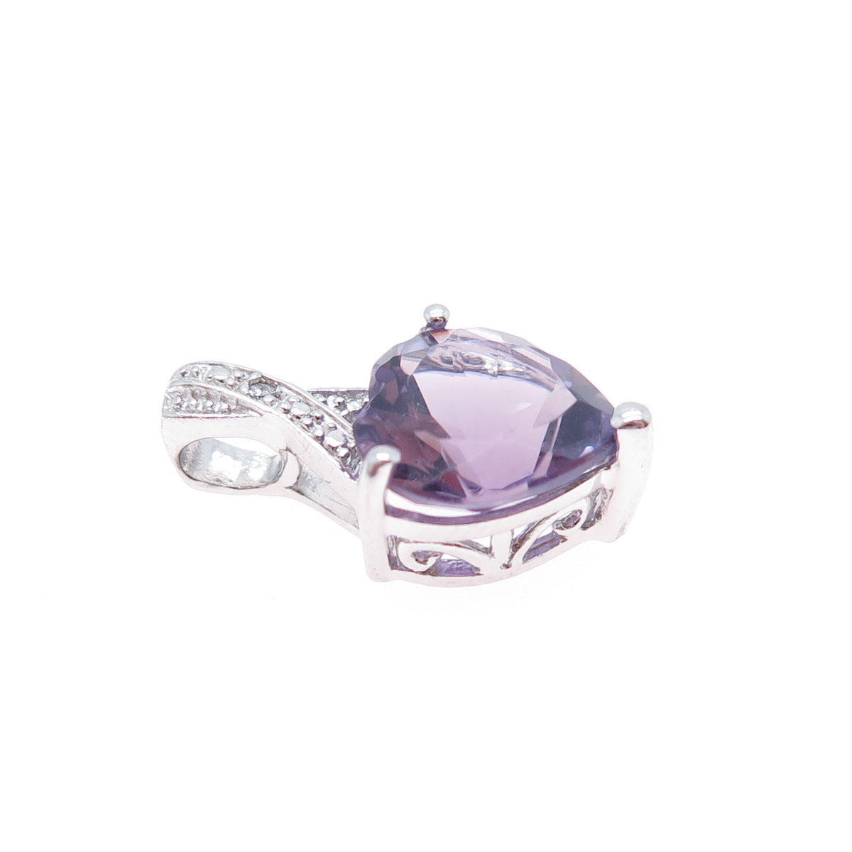 SAI 925 Sterling Silver Real Diamond Accent & Heart-Cut Amethyst Mini Pendant