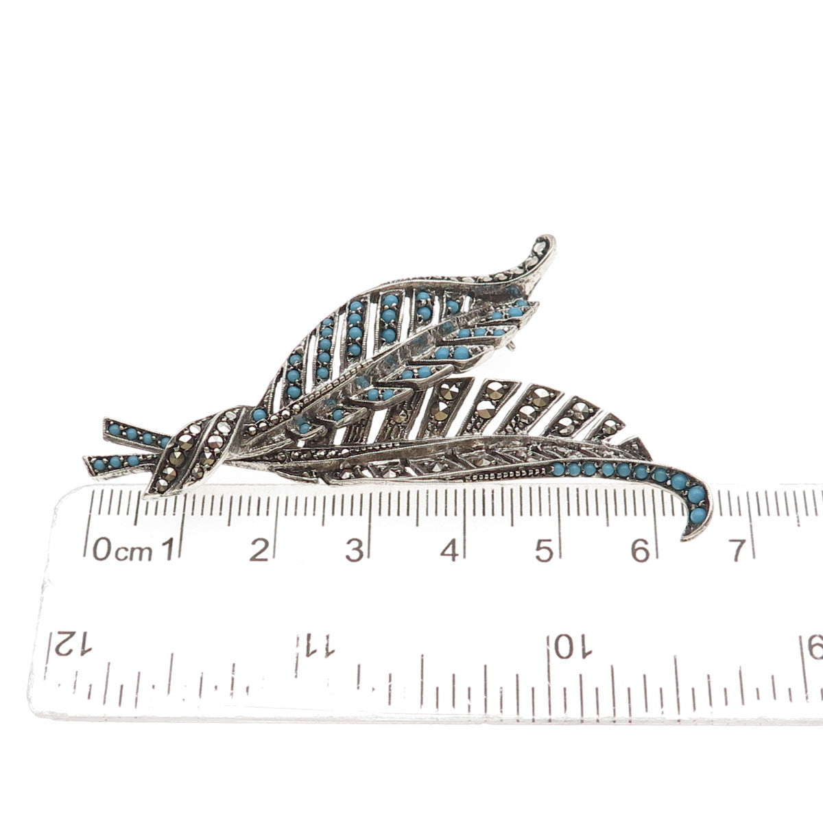 925 Sterling Antique Art Deco Real Marcasite & Blue Rhinestone Floral Pin Brooch