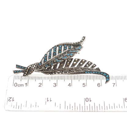 925 Sterling Antique Art Deco Real Marcasite & Blue Rhinestone Floral Pin Brooch