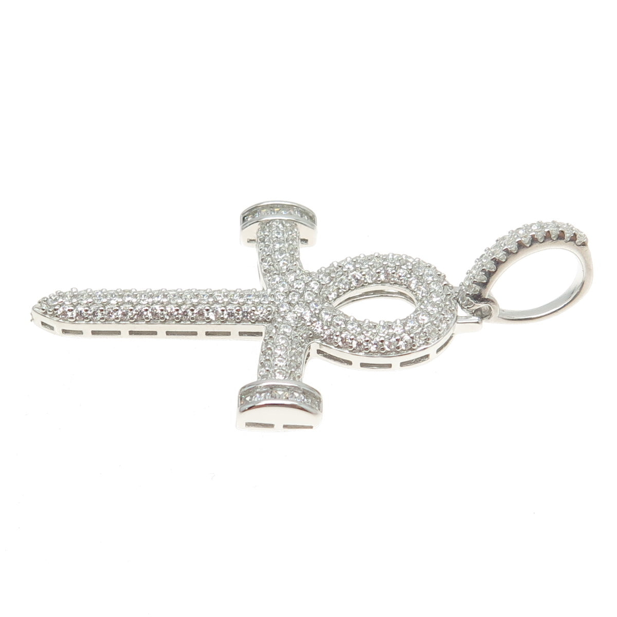 925 Sterling Silver Pave C Z Ankh Cross Pendant