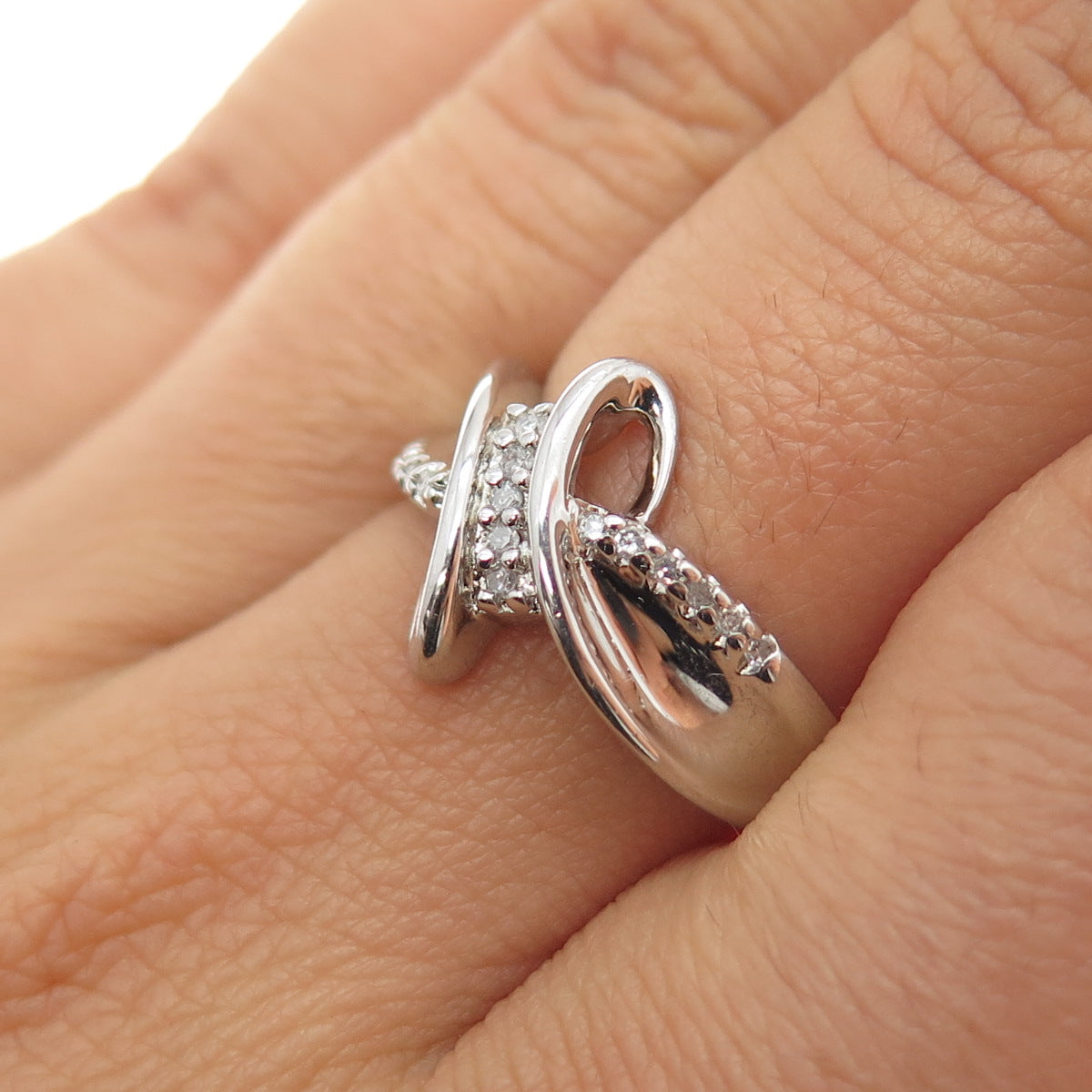 SUN 925 Sterling Silver Real Round-Cut Diamond Bypass Ring Size 7