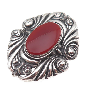 925 Sterling Silver Vintage Real Carnelian Modernist Oxidized Pin Brooch