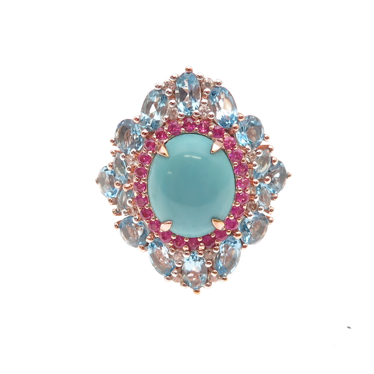 925 Sterling Gold Plated Real Turquoise Ruby Blue & White Topaz Ring Size 8.25