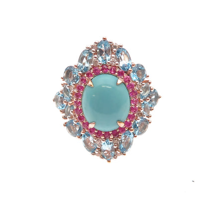 925 Sterling Gold Plated Real Turquoise Ruby Blue & White Topaz Ring Size 8.25