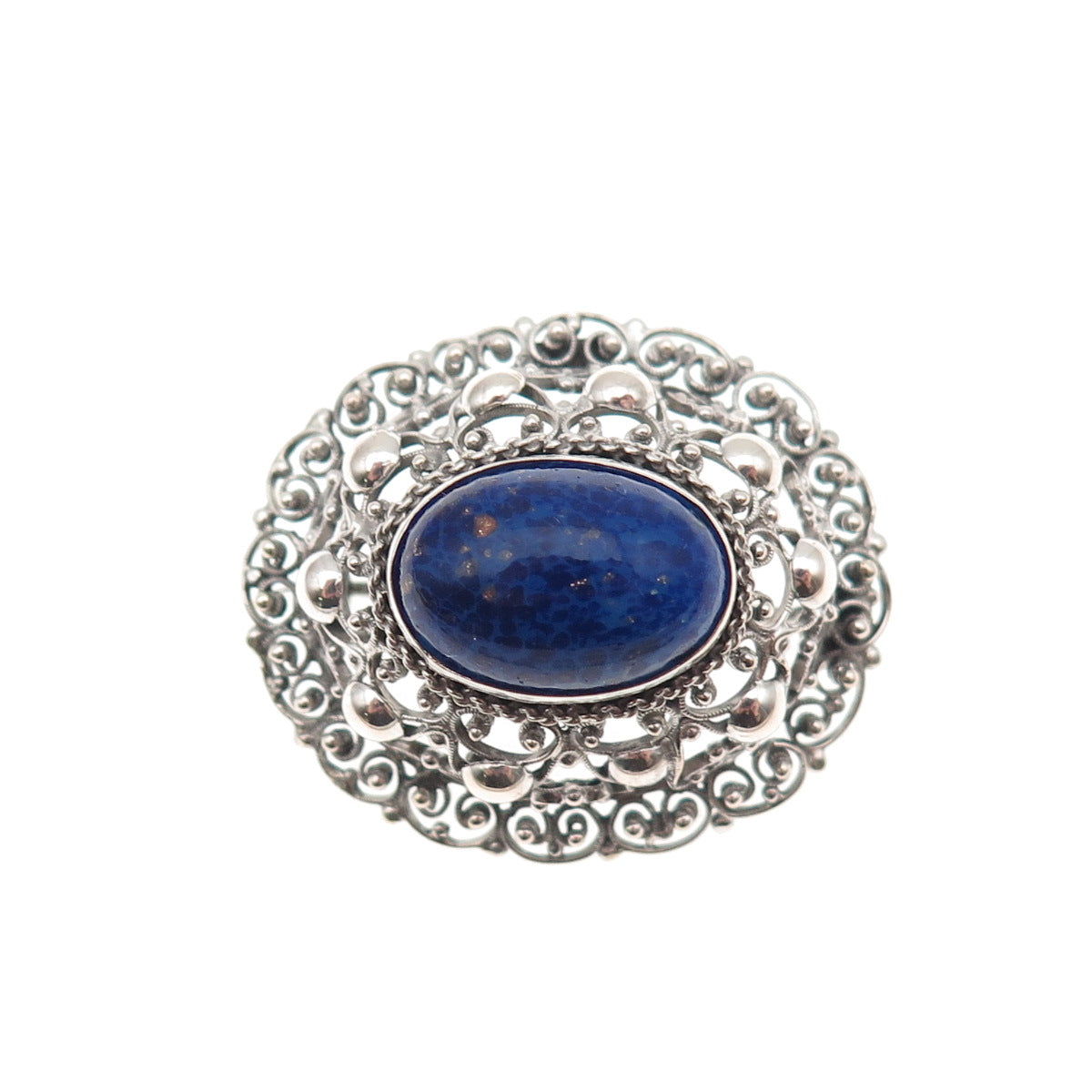 800 Silver Antique Art Deco Real Cabochon Lapis Filigree Oxidized Pin Brooch