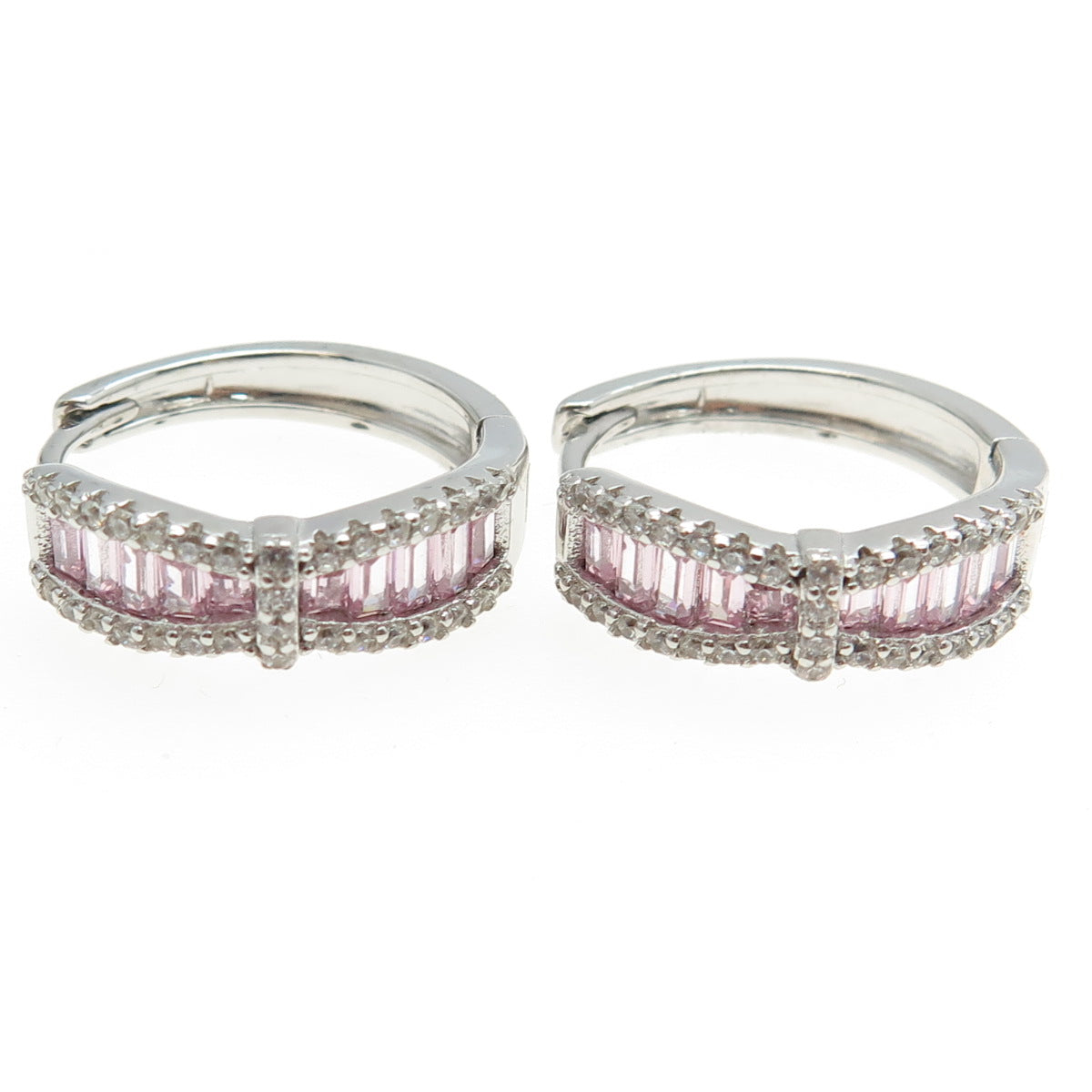 925 Sterling Silver White & Pink C Z Huggie Earrings