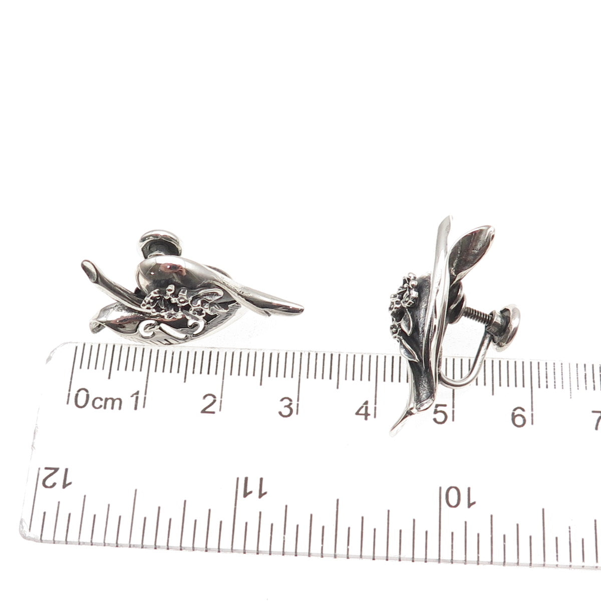 925 Sterling Silver Vintage Modernist Floral Oxidized Screw Back Earrings