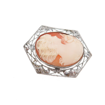 925 Sterling Silver Antique Art Deco Real MOP Carved Lady Cameo Pin Brooch