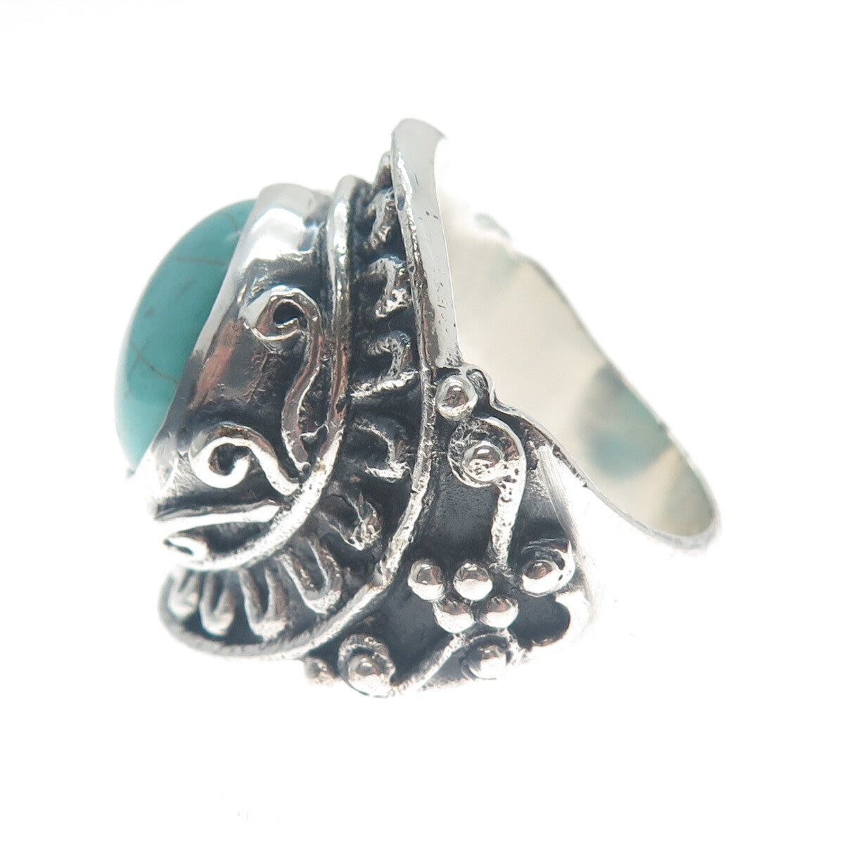 925 Sterling Silver Vintage Real Mountain Turquoise Sun Oxidized Ring Size 10.25