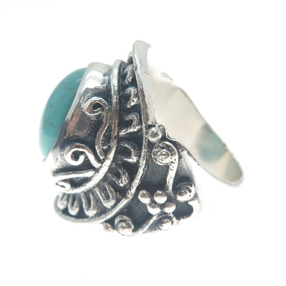 925 Sterling Silver Vintage Real Mountain Turquoise Sun Oxidized Ring Size 10.25