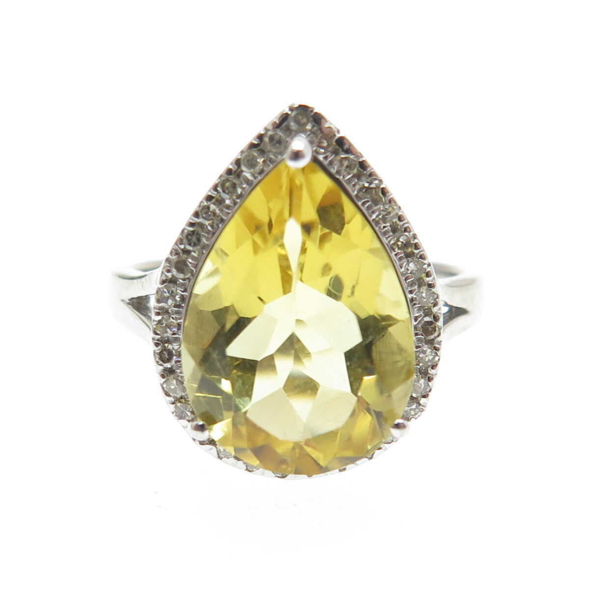 DSMK 925 Sterling Silver White Diamond & Pear-Cut Citrine Gem Ring Size 7.25