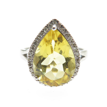 DSMK 925 Sterling Silver White Diamond & Pear-Cut Citrine Gem Ring Size 7.25