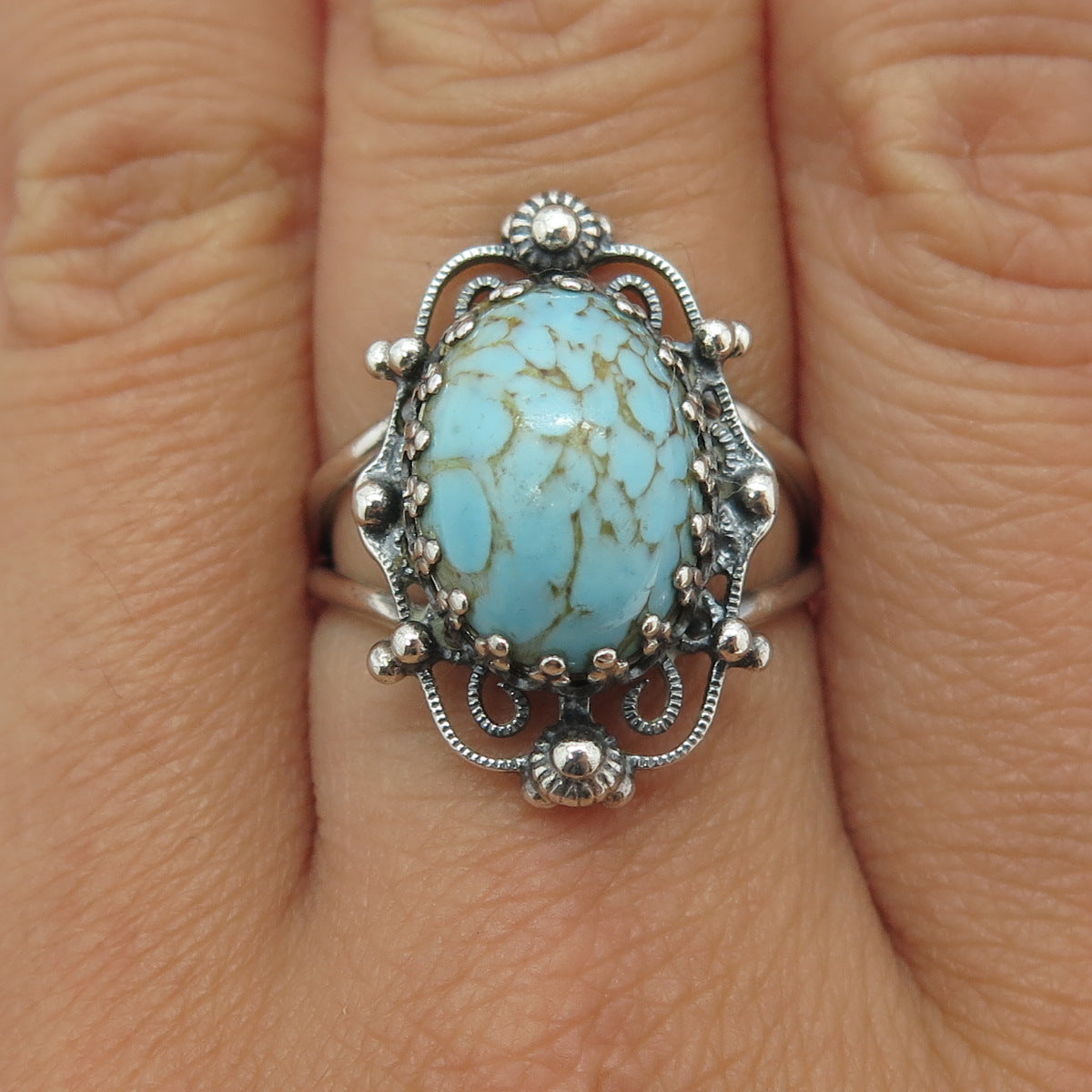 925 Sterling Silver Antique Art Deco Faux Turquoise Cannetille Ring Size 7.5