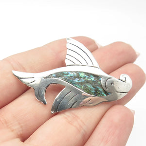 925 Sterling Silver Vintage Mexico Real Abalone Shell Fish Pin Brooch