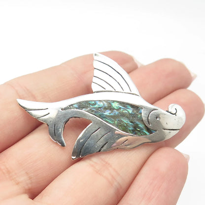 925 Sterling Silver Vintage Mexico Real Abalone Shell Fish Pin Brooch