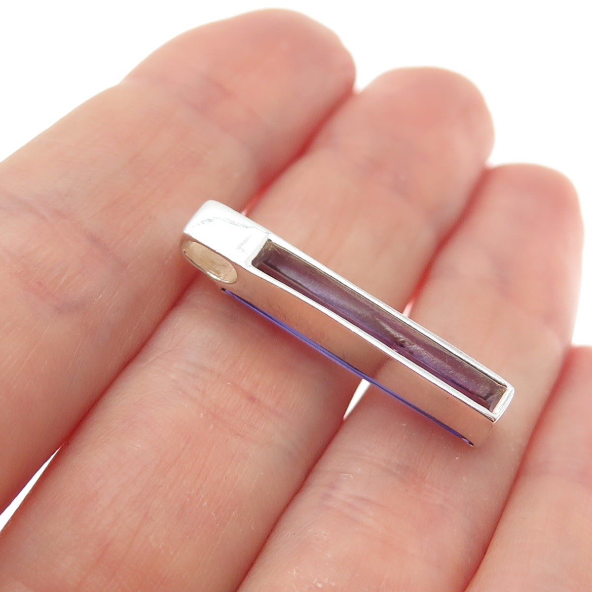 925 Sterling Silver Vintage Baguette-Cut Purple C Z Slide Bar Charm Pendant