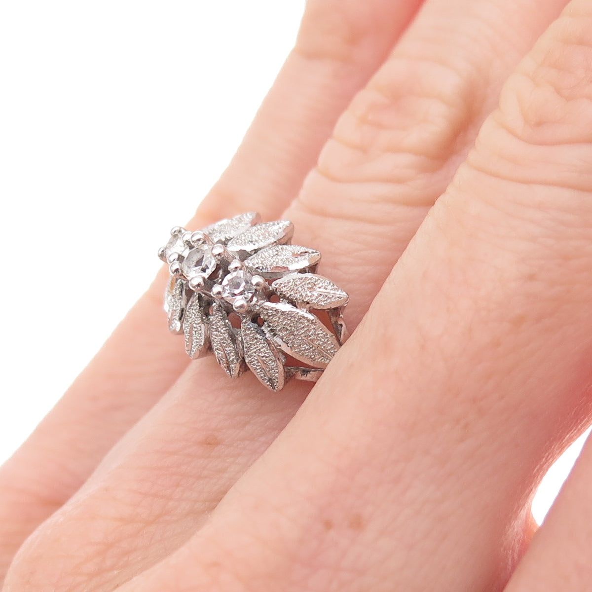 Uncas 925 Sterling Silver Antique Art Deco Rhinestone Floral Ring Size 5.75