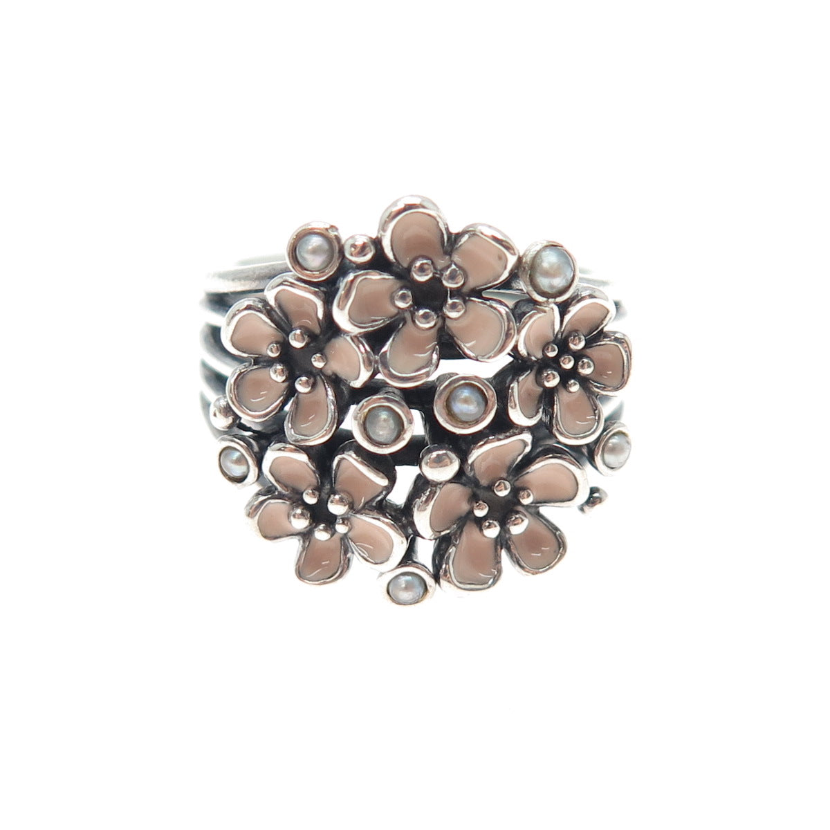 PANDORA 925 Sterling Silver Enamel Real Pearl Cherry Blossom Ring Size 5.5