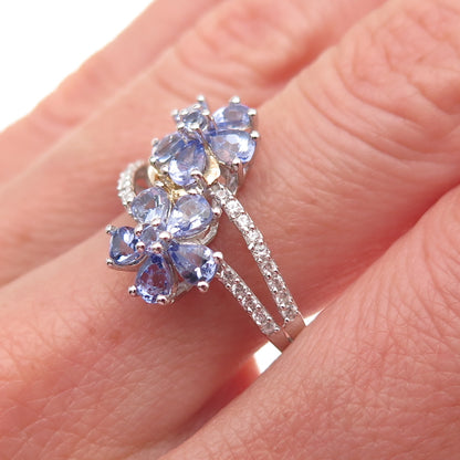 Chuck Clemency 925 Sterling 2-Tone Real Tanzanite & Topaz Floral Ring Size 8.25