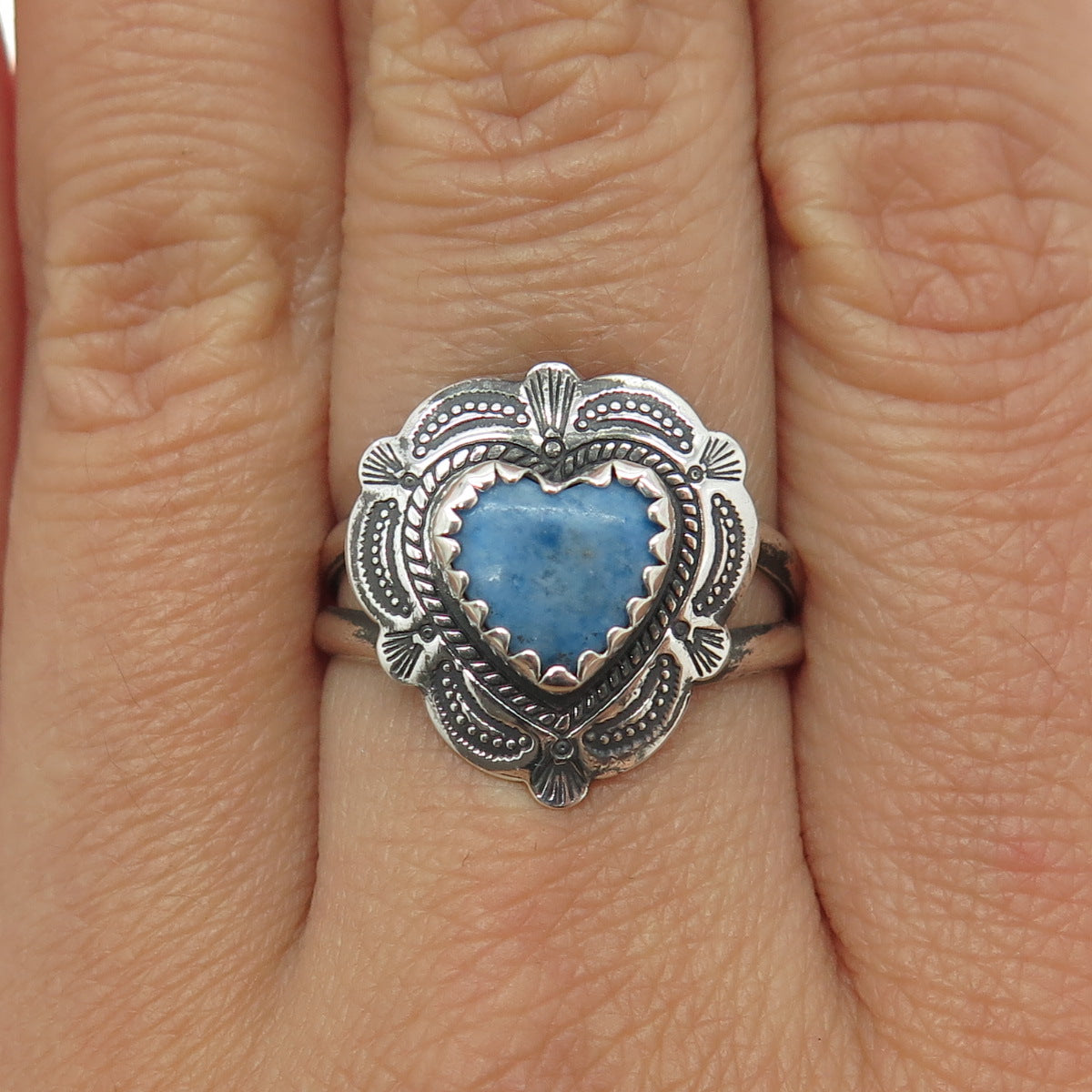 QUOC TURQUOISE 925 Sterling Silver Vintage Real Denim Lapis Heart Ring Size 8.75