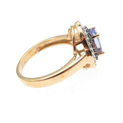 925 Sterling Gold Plated Real Blue Diamond Tanzanite & White Topaz Ring Size 8