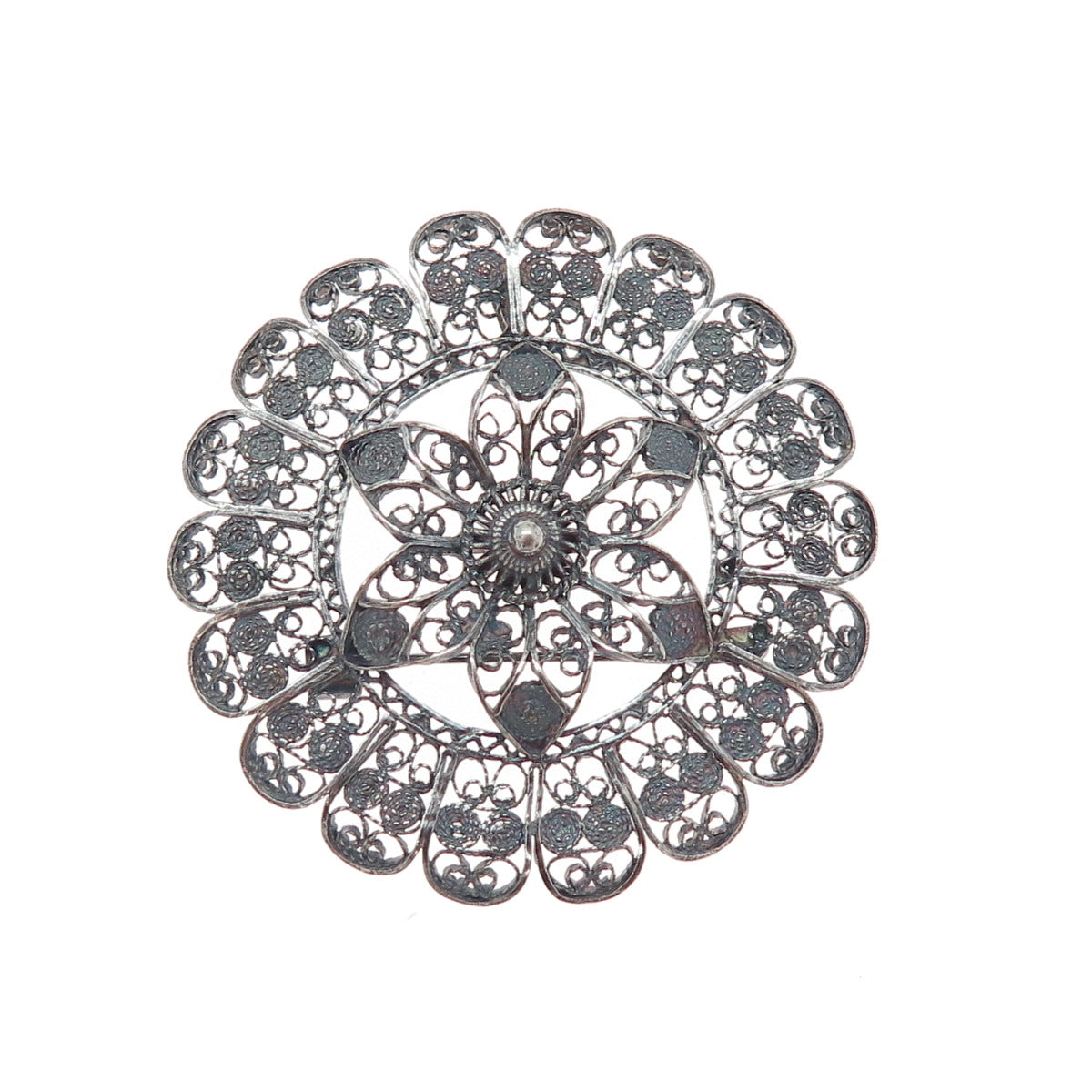 900 Silver Antique Art Deco Flower Filigree Oxidized Pin Brooch / Pendant