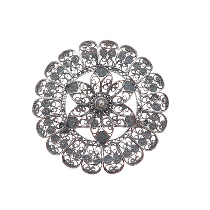 900 Silver Antique Art Deco Flower Filigree Oxidized Pin Brooch / Pendant