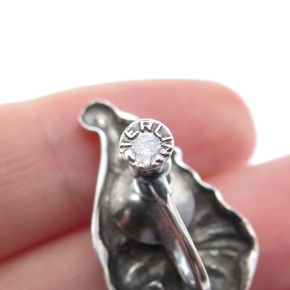 925 Sterling Silver Vintage Flower Repousse Oxidized Screw Back Earrings