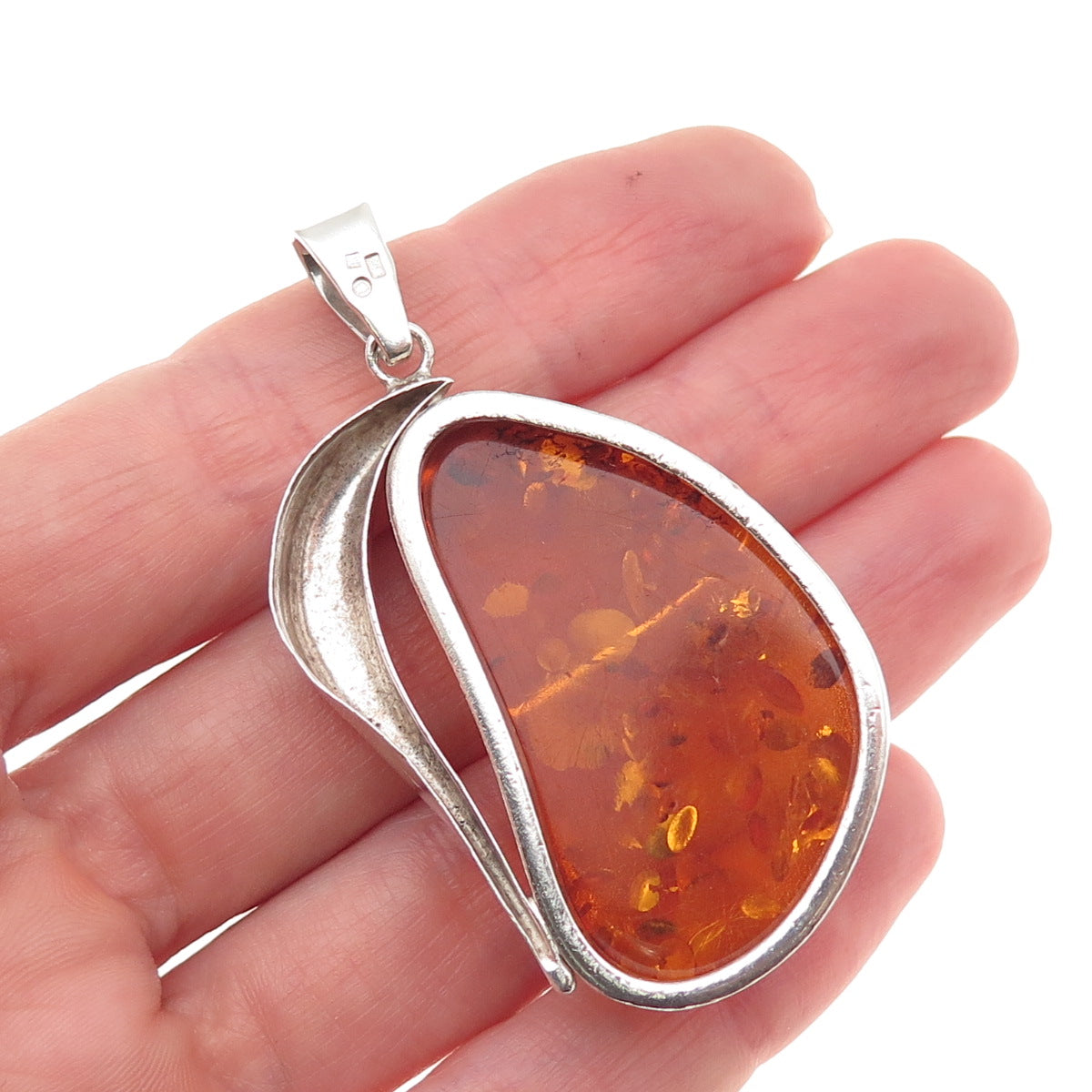 925 Sterling Silver Vintage LL Poland Real Amber Modernist Pendant