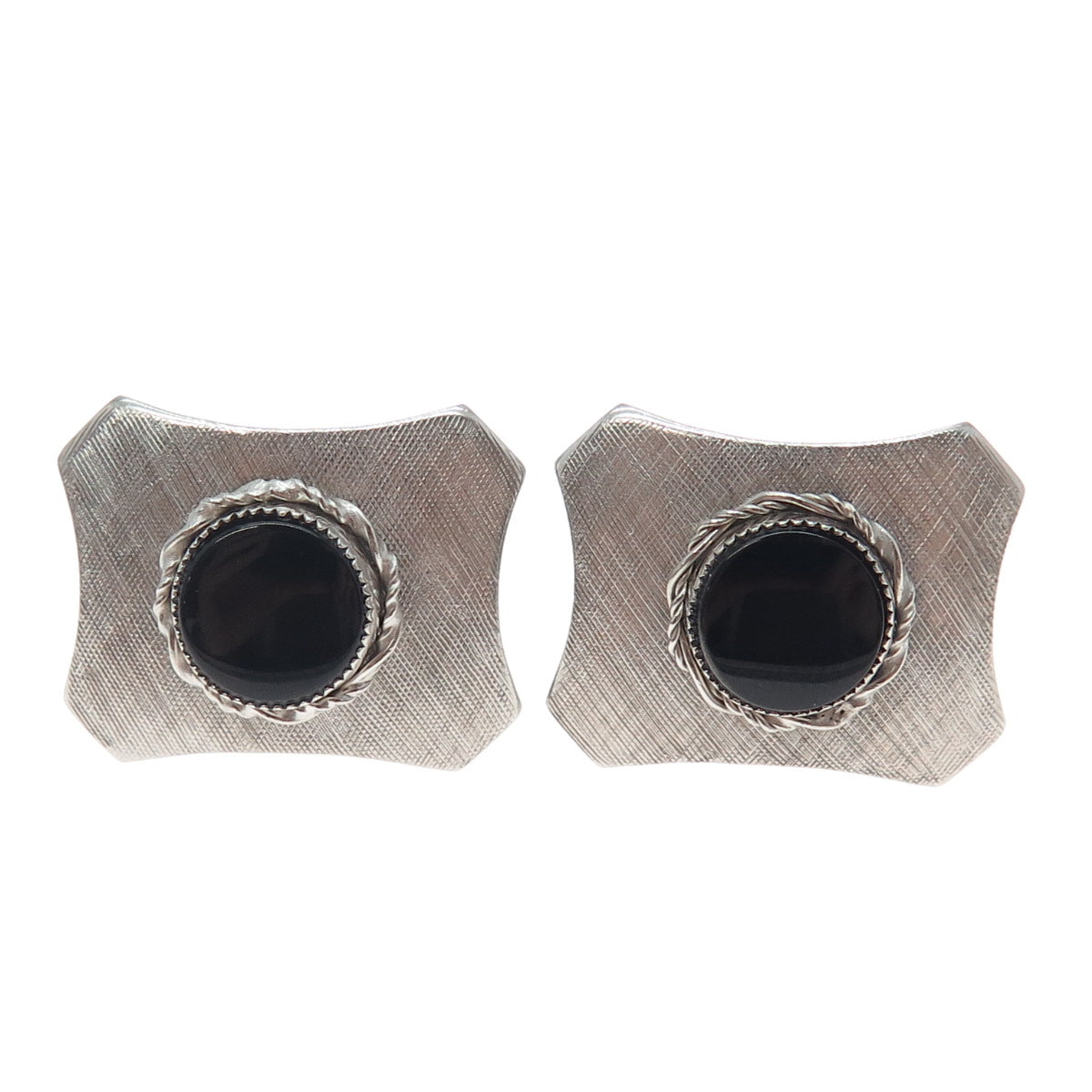 925 Sterling Silver Vintage PRK Real Round-Cut Black Onyx Cufflinks