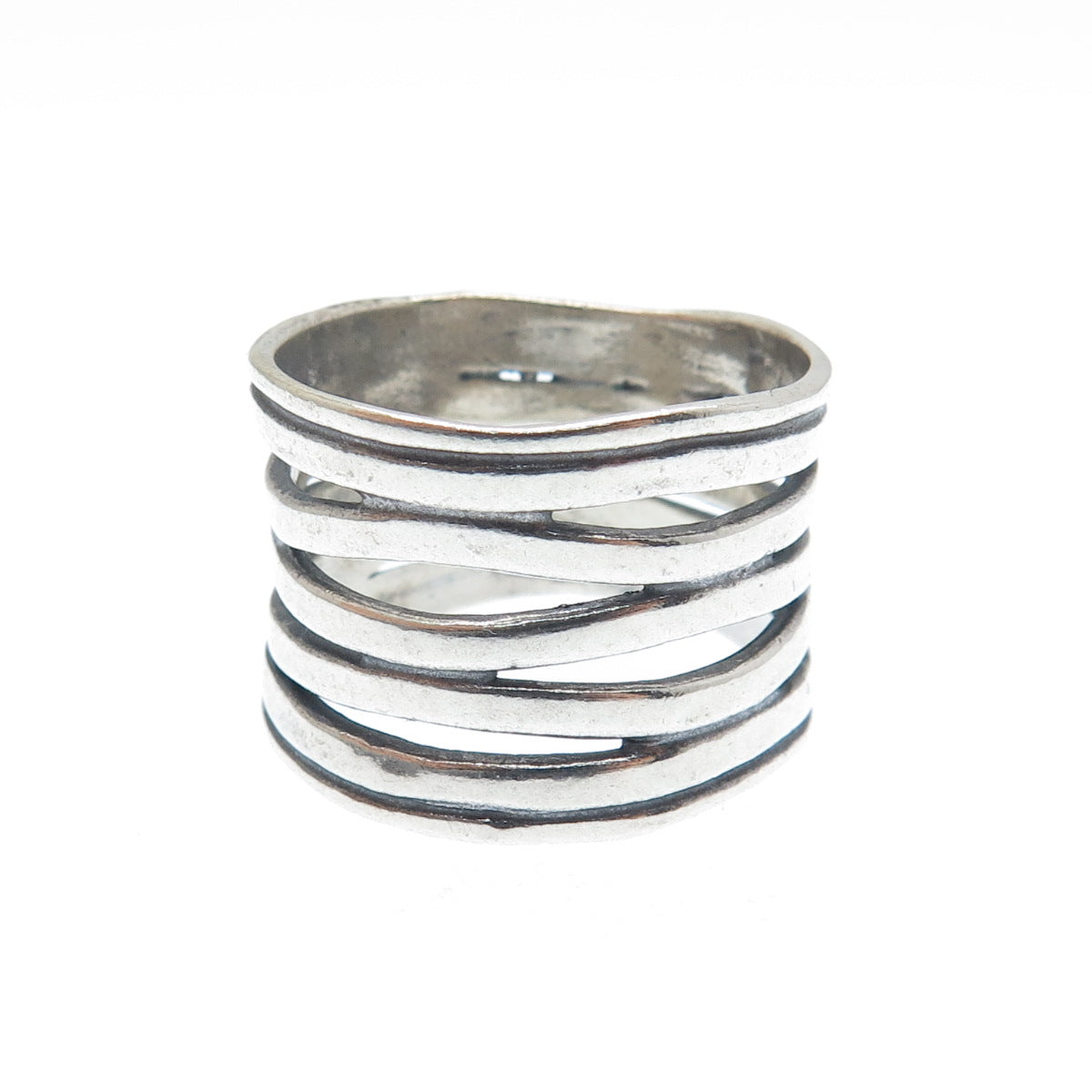 925 Sterling Silver Vintage Modernist 5-Wavy Row Oxidized Ring Size 7.25